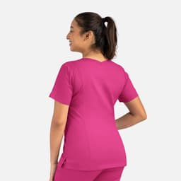 A women's double V-neck top in a vibrant pink colour, featuring a fitted design and short sleeves.