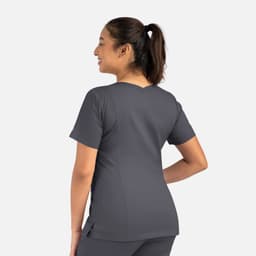 A women's double V-neck top in grey, featuring a fitted design and a logo on the side.
