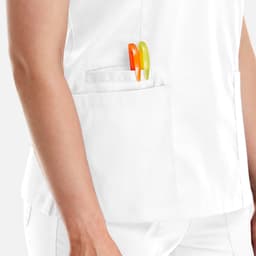 A white women's top with a double V-neck design, featuring orange and green pens in the pocket.
