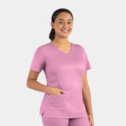 A pink women's double V-neck top with short sleeves and pockets, featuring a logo on the side.