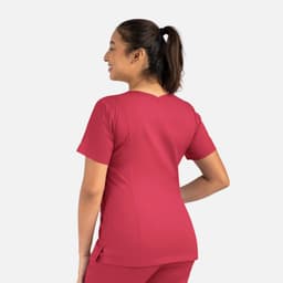 A women's double V-neck top in a rich burgundy colour, featuring short sleeves and a fitted design, with a logo visible.
