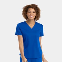 A bright blue women's V-neck top with short sleeves, featuring a slight flare at the hem and a logo.