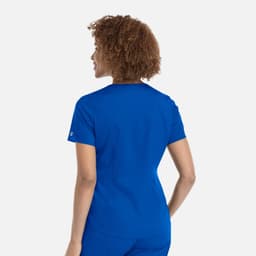 A blue women's V-neck top with short sleeves, featuring a logo on the side.