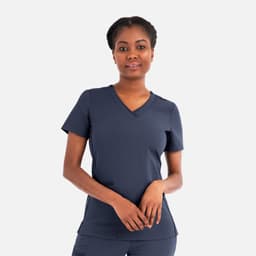 A women's navy V-neck top with short sleeves, featuring a fitted design and a logo detail.
