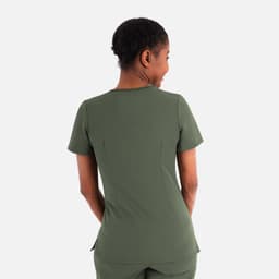 A layered v-neck top in olive green, featuring short sleeves and a fitted design, with a logo on the back.