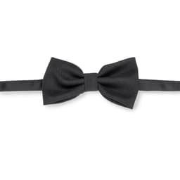 A black bow tie with a textured finish, featuring a central knot and adjustable strap. Brand logo is present.