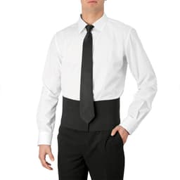 A black cummerbund worn over a white dress shirt and black tie, featured on a male mannequin.