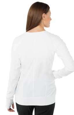 A white jacket with a relaxed fit, featuring a simple design and a logo on the back.