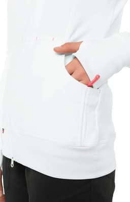 A white jacket with a zip-up front and a pocket, featuring a small zip detail in a contrasting colour.