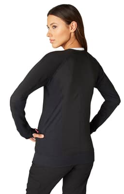 A black women's jacket with long sleeves, featuring fitted design and branding on the back.