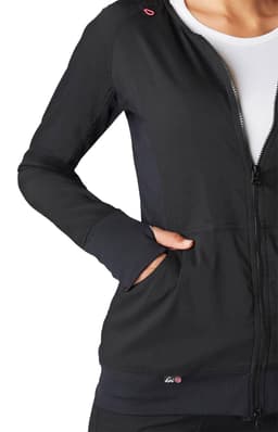 A black jacket with a zip front, featuring pockets and a fitted design. It has a logo on the hem.
