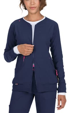 A navy Clarity Jacket with pink accents, featuring a zip front and pockets. It has a logo on the fabric.