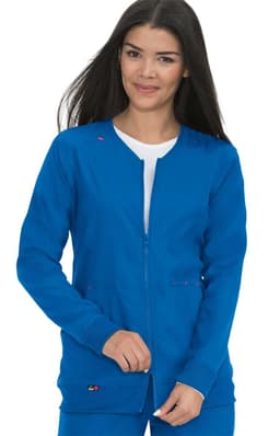 A blue jacket with a zip front, featuring a stand collar and a pocket. The model wears it with a smile.
