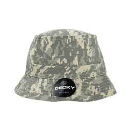 A structured bucket hat in a grey camouflage pattern, featuring a logo on a black tag.