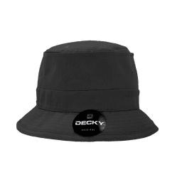 A structured black fisherman's hat with a wide brim and a logo on the front.