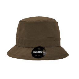 A brown structured fisherman's hat with a wide brim, featuring a logo on the front.