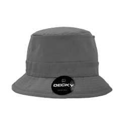 A grey structured fisherman's hat with a wide brim and a circular branding tag.