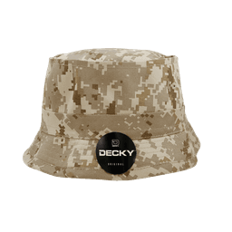 A structured fisherman's hat in a tan camouflage pattern with a circular logo on the side.