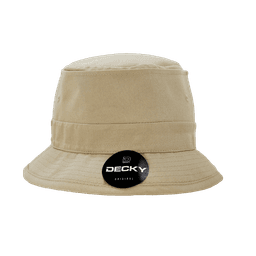 A structured fisherman's hat in beige, featuring a logo. The hat has a wide brim and a classic bucket style.