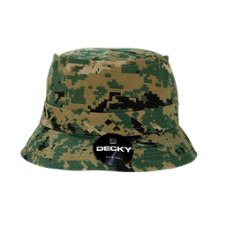 A structured fisherman's hat in green and brown camo pattern, featuring a logo on the side.