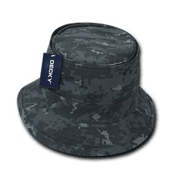 A structured fisherman's hat in a dark grey digital camo pattern, featuring a logo tag on the side.
