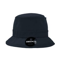 A structured fisherman's hat in navy blue, featuring a branded tag on the side. Ideal for sun protection.