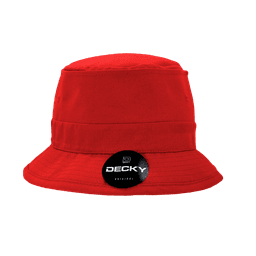 A red structured fisherman's hat with a logo on the side. The hat features a wide brim and a soft crown.