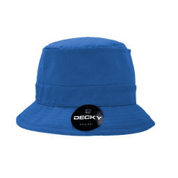 A structured blue fisherman's hat with a wide brim and a logo on the front.