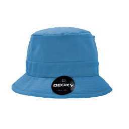 A structured blue fisherman's hat with a wide brim and a logo tag.