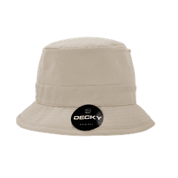 A structured beige fisherman's hat with a wide brim and a logo tag attached.