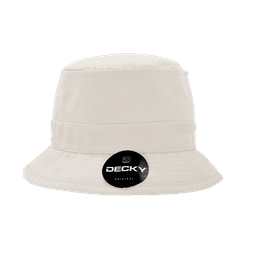 A structured fisherman's hat in a light cream colour with a branded tag.