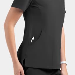 A women's black v-neck top featuring a side pocket, made from a lightweight material. Includes a logo.