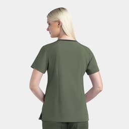 A women's V-neck top in olive green, featuring a contrast trim and short sleeves, with branding present.