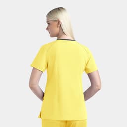 A women's contrast v-neck top in vibrant yellow, featuring short sleeves and a sleek design, with a branding logo.