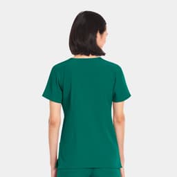 A green women's V-neck top with short sleeves, featuring a simple design and a logo on the back.