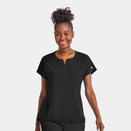 A black women's dolman top featuring a notched neck and a chest pocket, with a logo on the side.