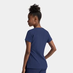 A women's navy notched neck dolman top, featuring short sleeves and a relaxed fit. The top has a logo on it.