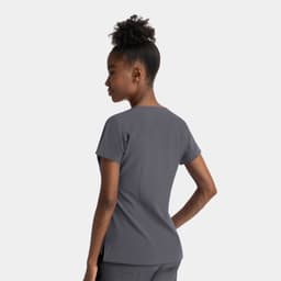 A grey women's dolman top with a notched neck, featuring short sleeves and a fitted style.