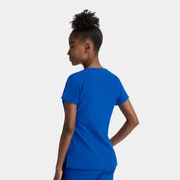 A blue women's notched neck dolman top with short sleeves and a fitted design. The model is shown from the back.