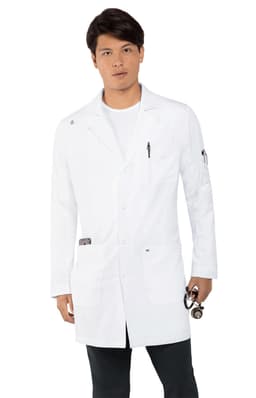 A white lab coat is worn by a man holding a stethoscope, featuring a logo on the sleeve.