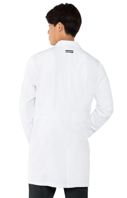 A white lab coat displayed on a model facing away, featuring a streamlined design and a logo on the back.