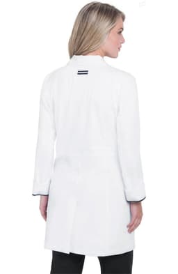 A white lab coat with a tailored fit, featuring long sleeves and a back view of the garment.