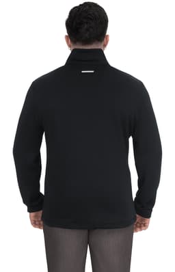 A black jacket with a high collar, displayed from the back, featuring a logo on the back.
