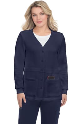 A navy Clarissa sweater with a button-up front and pockets, featuring a logo on the left side.