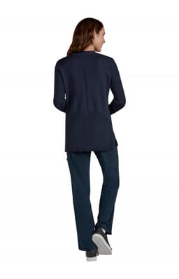 A navy Kori Sweater displayed from the back, paired with matching dark trousers and casual shoes.