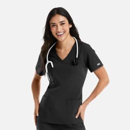 A woman wearing a black double V-neck top with a stethoscope around her neck, smiling, with pockets.