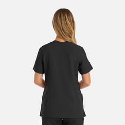 A black women's double v-neck top with short sleeves, featuring a logo, viewed from the back.