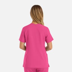 A pink women's double V-neck top with short sleeves and a sleek design, featuring a logo on the back.