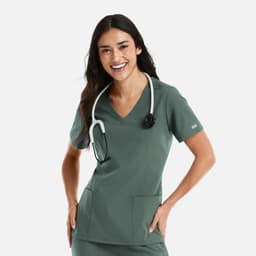 A green women's double v-neck top with short sleeves, featuring two front pockets and a stethoscope.