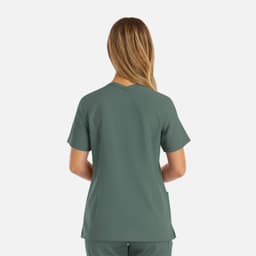 A women's double V-neck top in a muted green colour, featuring short sleeves and a back view. It has branding.